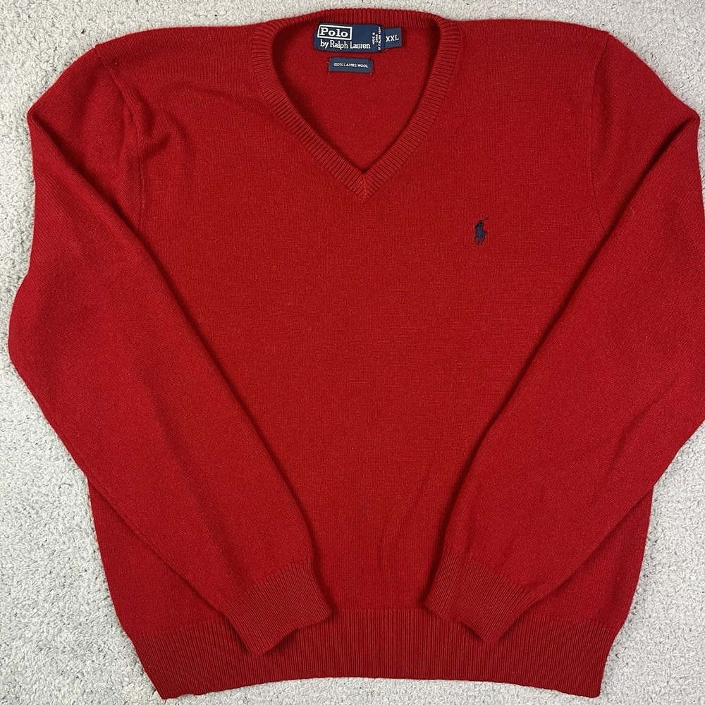 POLO RALPH LAUREN V Neck Sweater 100% Lambs Wool Red XXL Fits like Medium